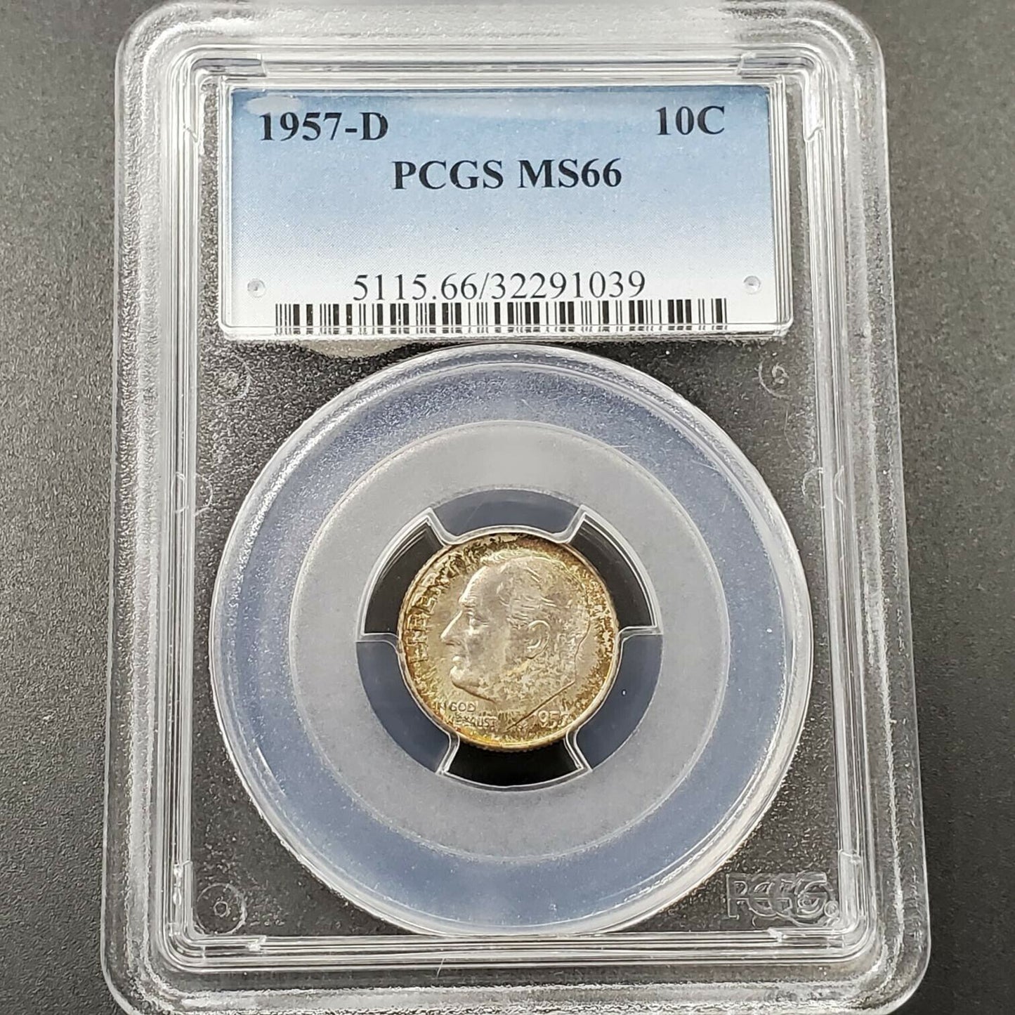 1957 D Roosevelt 10c Silver Dime Coin PCGS MS66 PQ * Rainbow Toning Obverse Tone