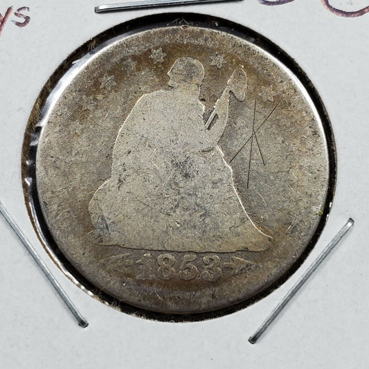 1853 P Seated Liberty Silver Quarter Coin AG Circ FULL DATE W/ Arrows