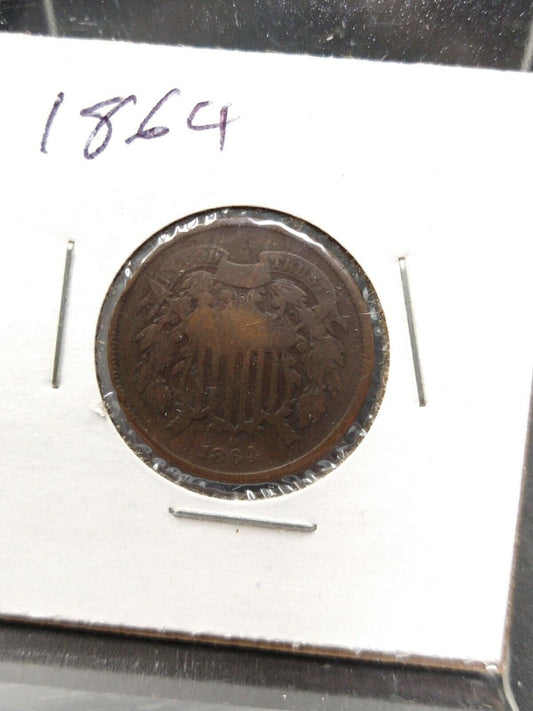 1864 LM 2C Two Cent Copper Coin Piece Fine Details Bend + Reverse ED