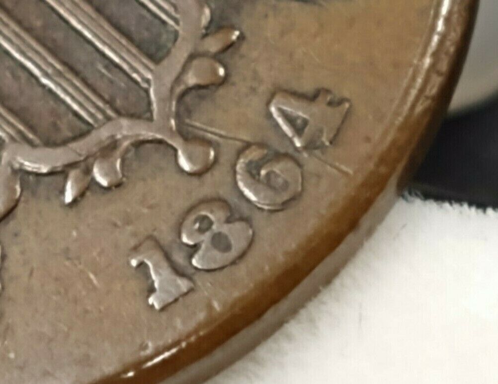 1864 2C Two Cent Copper Coin Piece LM MISALIGNED DIE ERROR + RPD CH VF VERY FINE