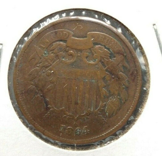 1864 2C Two Cent Copper Coin Piece LM Large Motto Variety VG / FINE Circulated 2