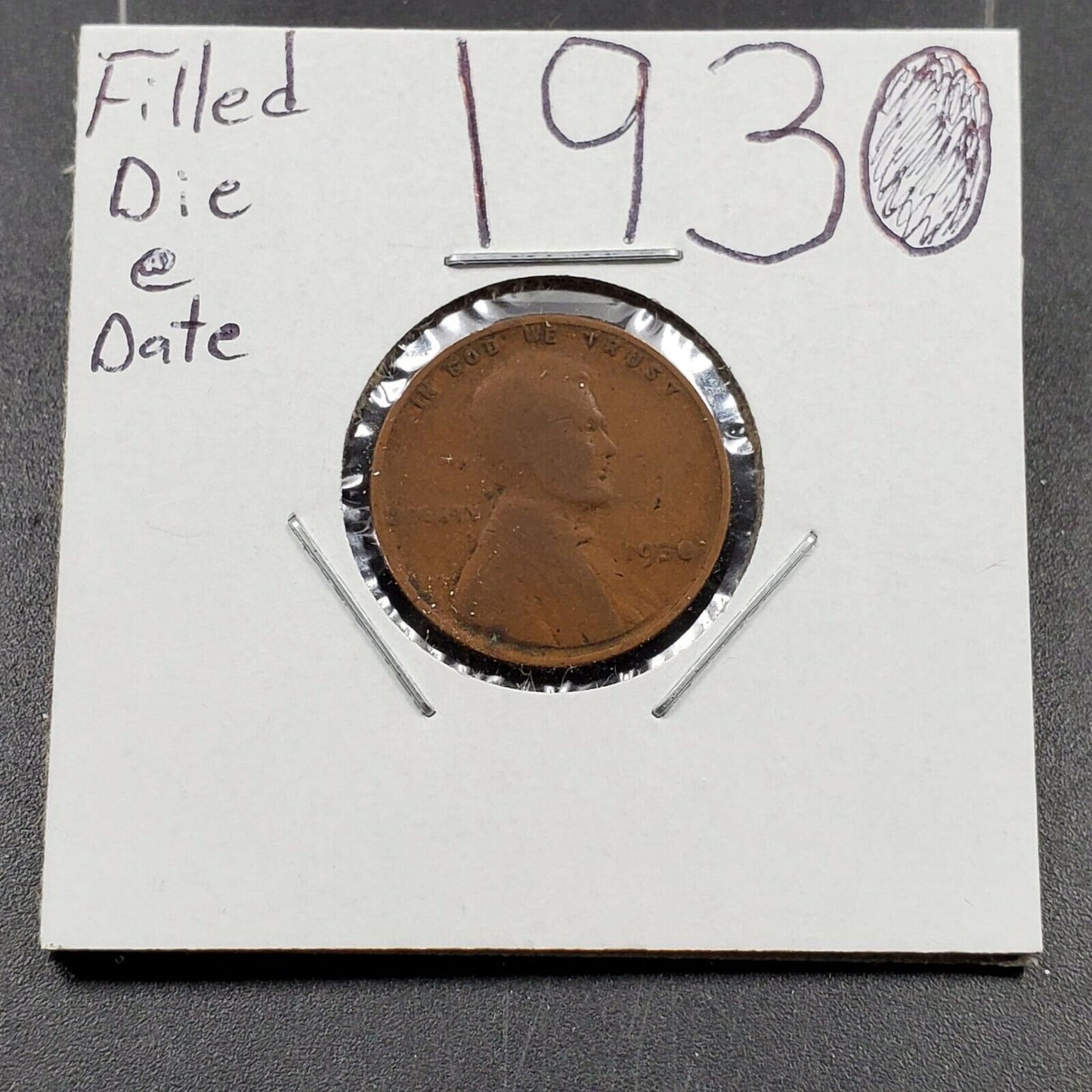 1930 P Lincoln Wheat Cent Penny Variety Die Cudd at date filled 0