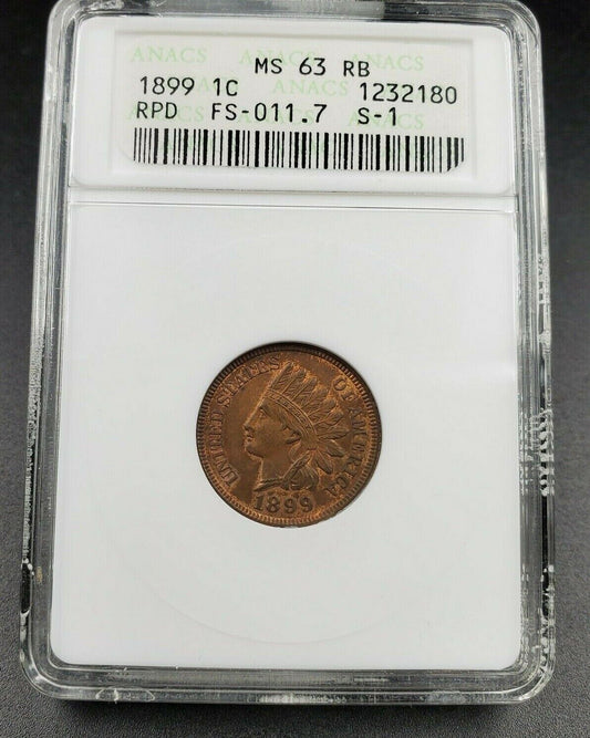 1899 Indian Cent Penny Error ANACS MS63 RB FS-011.7 FS-301 RPD Red Brown Variety