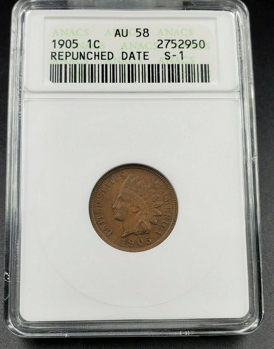 1905 Indian Cent Penny Error Variety ANACS AU58 RPD S-1 FS-301 Repunched Date