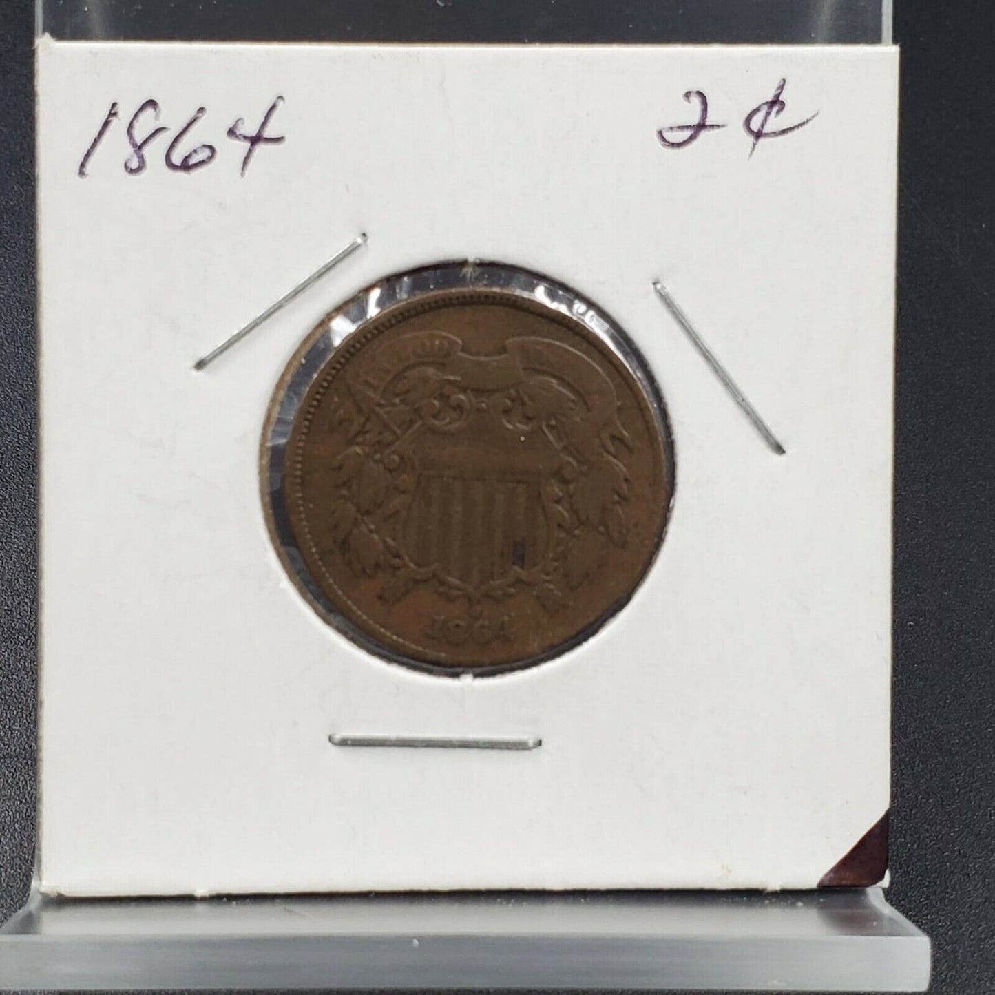 1864 P 2C Two Cent Copper Coin Piece VF Very Fine Slight Misaligned LG Motto
