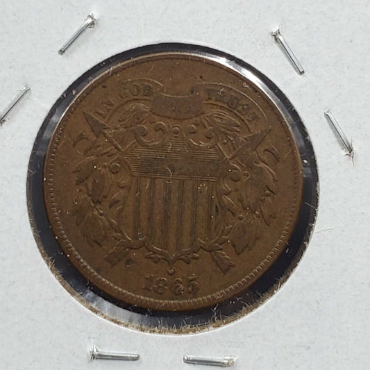 1865 2C Two Cent Copper Coin Piece Average VF Very Fine Circulated