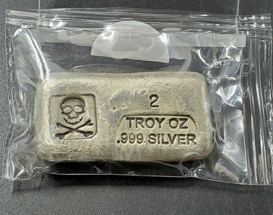 PROSPECTOR 2 TROY OZ .999 FINE SILVER Antique Poured Silver Bar Skull Crossbones