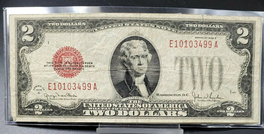 1928 $2 G Legal Tender Note Bill Red Seal United States Currency VG F Macroplate