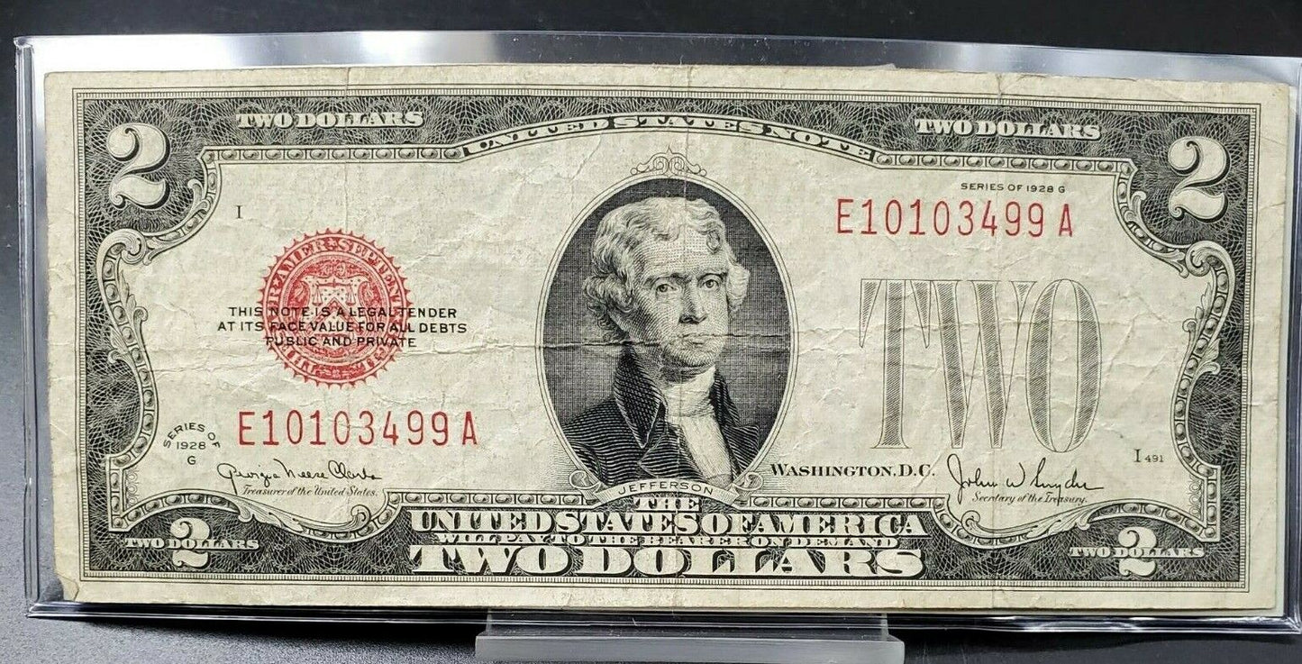 1928 $2 G Legal Tender Note Bill Red Seal United States Currency VG F Macroplate