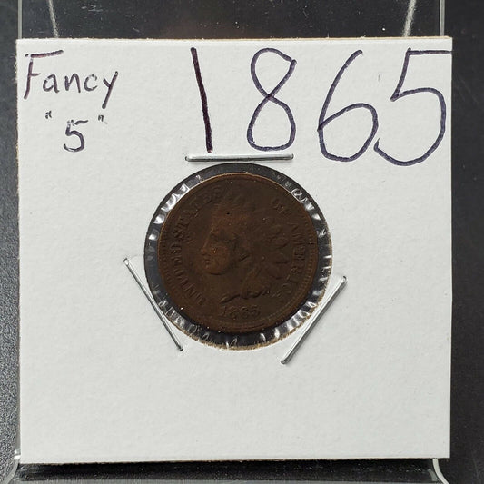 1865 Indian Head Wheat Cent Penny Coin Fancy 5 Variety VG / Fine Details