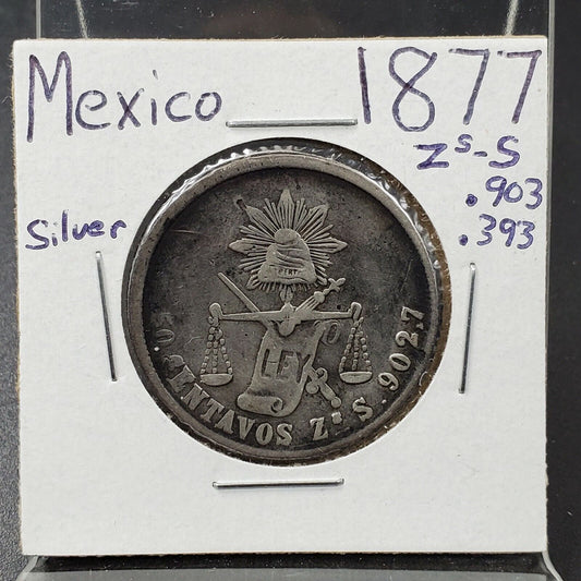 1877 Mexico 50 Centavos 0.903 Silver Half Peso Coin KM 407.2 Cap Rays Fine Circ
