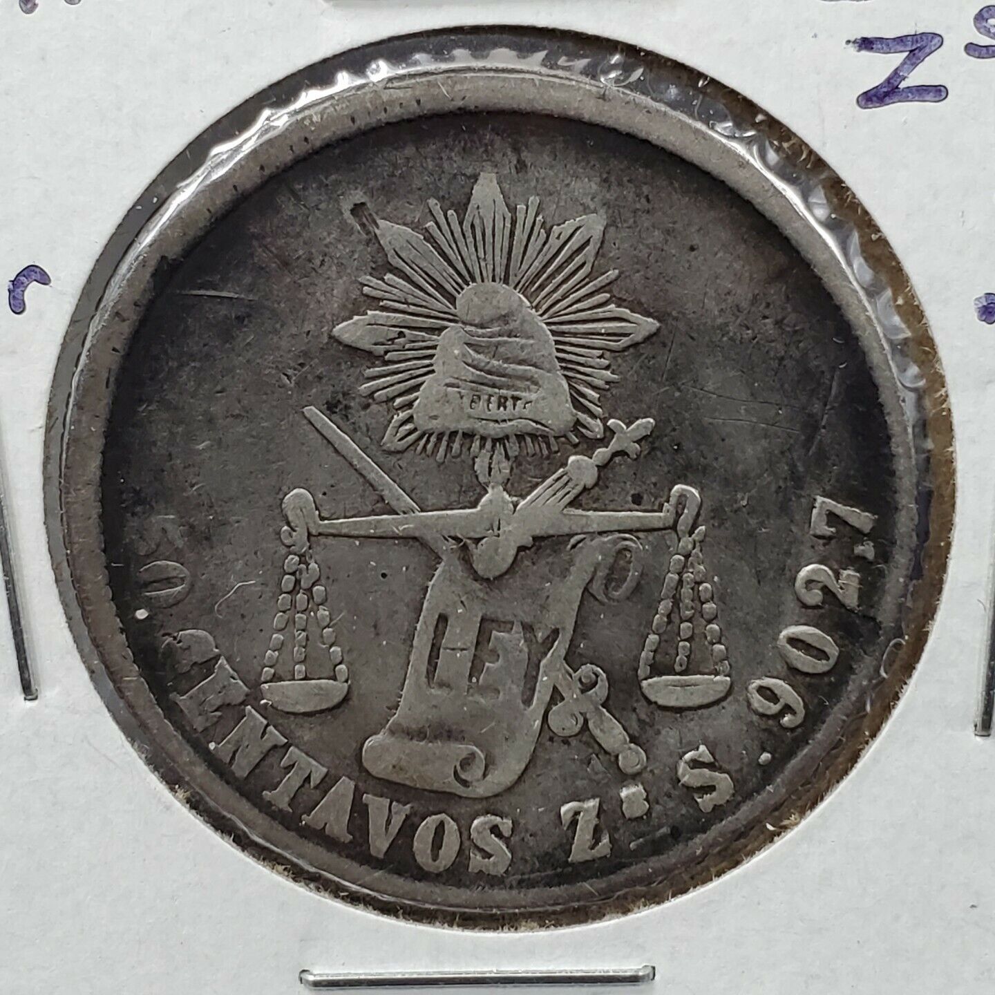 1877 Mexico 50 Centavos 0.903 Silver Half Peso Coin KM 407.2 Cap Rays Fine Circ