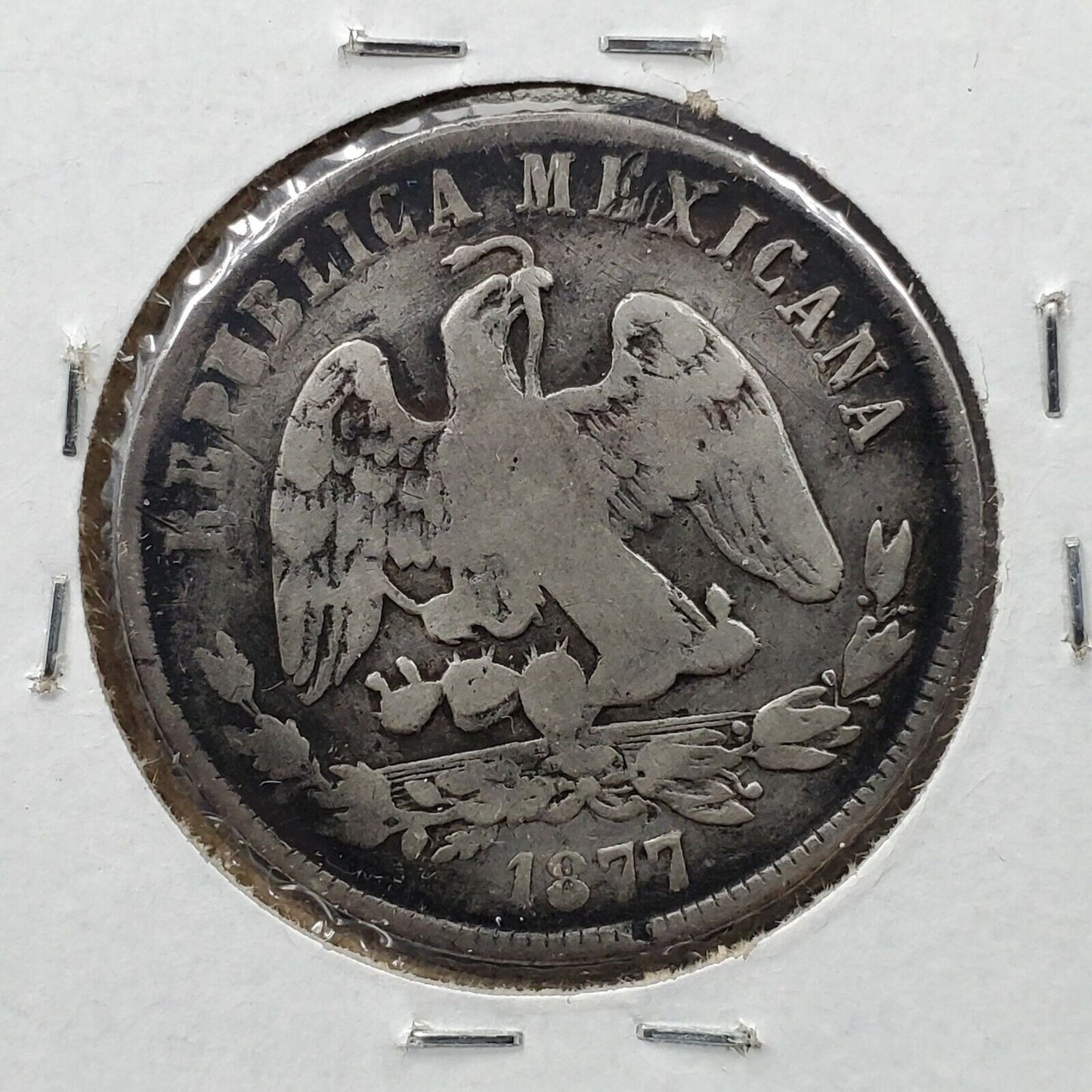 1877 Mexico 50 Centavos 0.903 Silver Half Peso Coin KM 407.2 Cap Rays Fine Circ