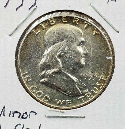 1955 P Franklin Half Dollar Silver Coin AU About UNC Toner w/ Bell Die Clash OBV