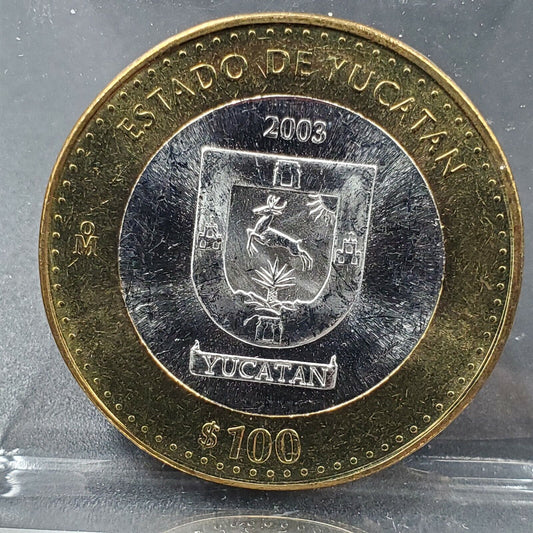 2003 Mexico 100 Pesos Silver Center CH BU UNC Bimetallic Estado Commem Yucatan