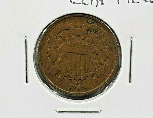 1865 2C Two Cent Copper Coin Piece Choice Fine / VF Circulated Large Motto