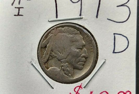 1913 D 5c Buffalo Indian Head Nickel Coin TYPE 1 REVERSE VARIETY AG About Good