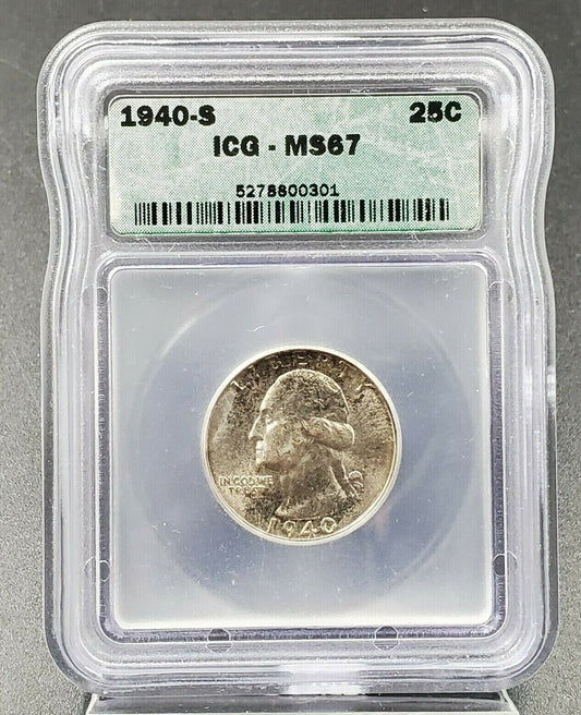 1940 S Washington Silver Quarter Coin ICG MS67 Gem BU PQ Toning Early Date