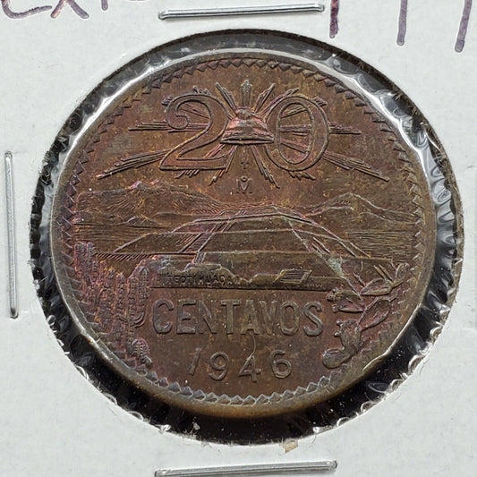 Mexico 20 Centavos 1946 Bronze Coin BU UNC Brown  Neat Toning Toner