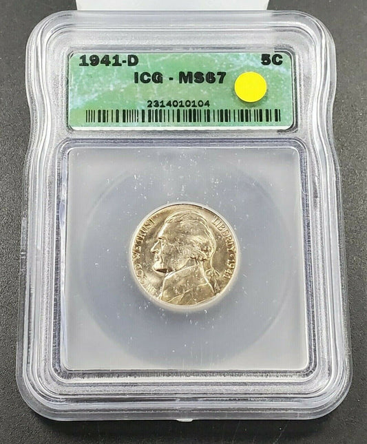 1941 D Jefferson Nickel Coin ICG MS67 Gem BU Unc Used Slab #2