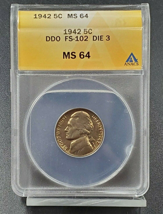 1942 P Jefferson TYPE 1 War Nickel Coin ANACS MS64 FS-102 DDO Double Die Variety