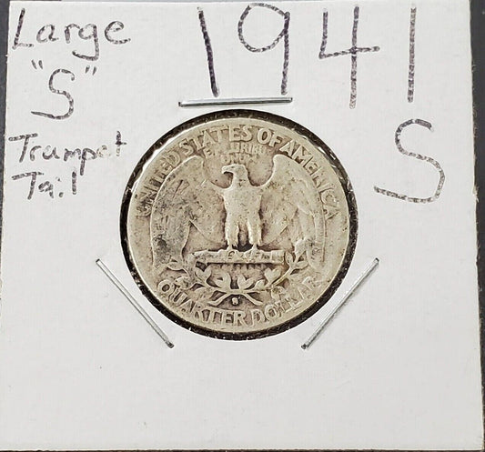 1941 S Washington Silver Quarter Coin Trumpet Tail Large S Variety
