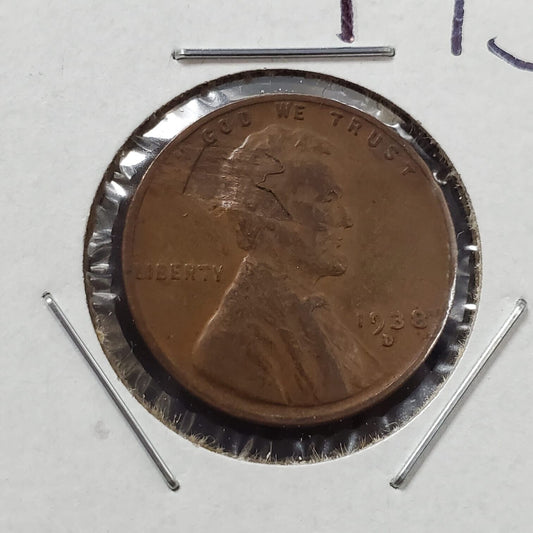 1938 D Lincoln Wheat Cent Penny Coin Circulated Laminated Planchet Error