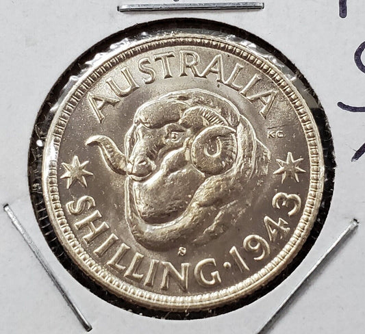 1943 S Australia Shilling silver coin Choice BU UNC S/S RPM Variety