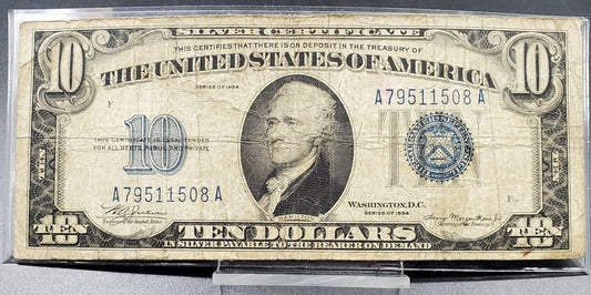 1934 $10 Blue Seal Silver Certificate Mule Note Different Size Block #s CH Fine
