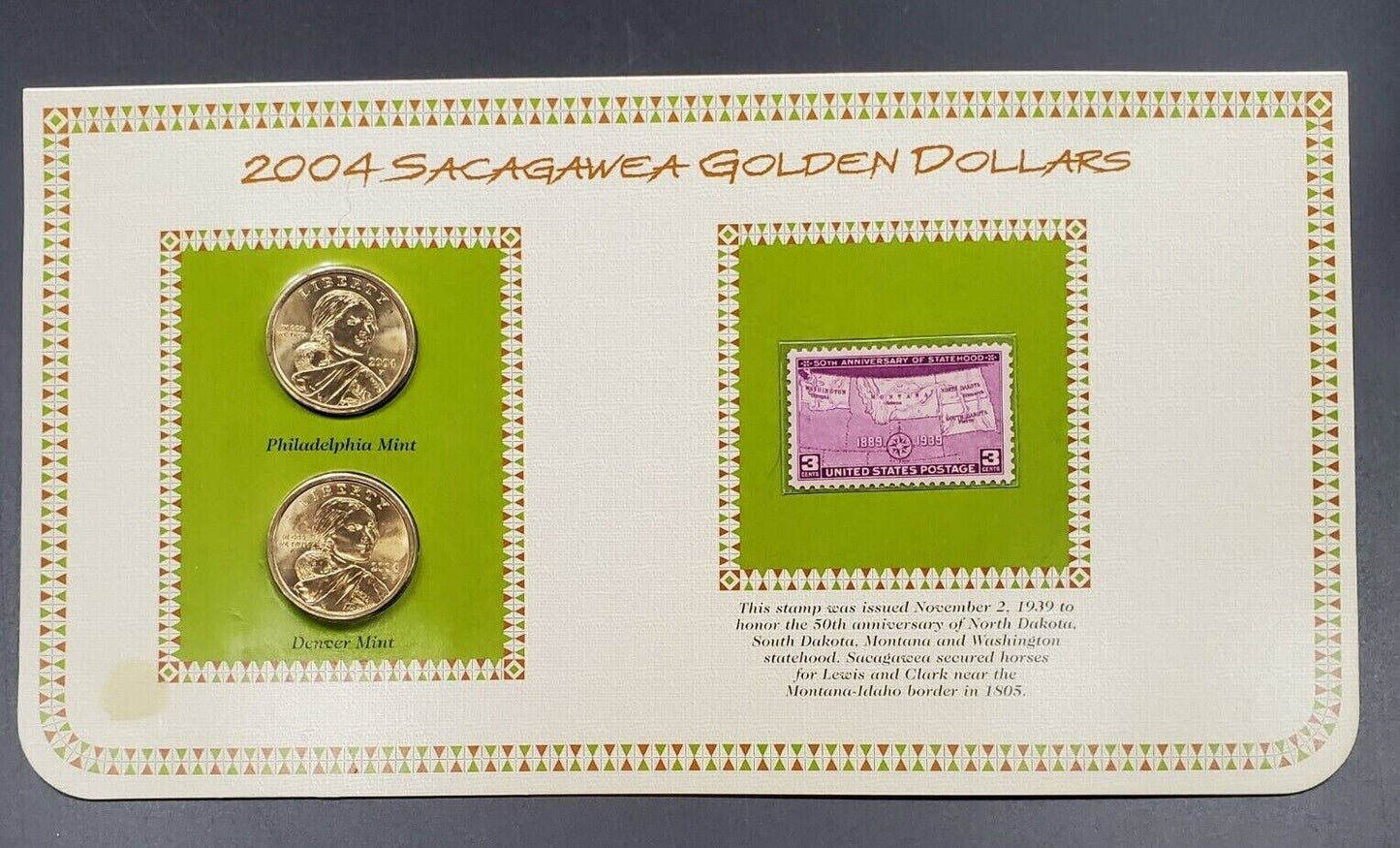 2004 P & D Sacagawea Gold Dollars & 1939 USA 3C Stamp Uncirculated Sheet