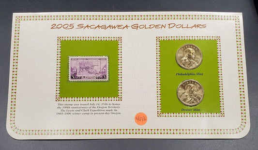 2005 P & D Sacagawea Golden Dollars & 1936 USA 3C Stamp Uncirculated Sheet