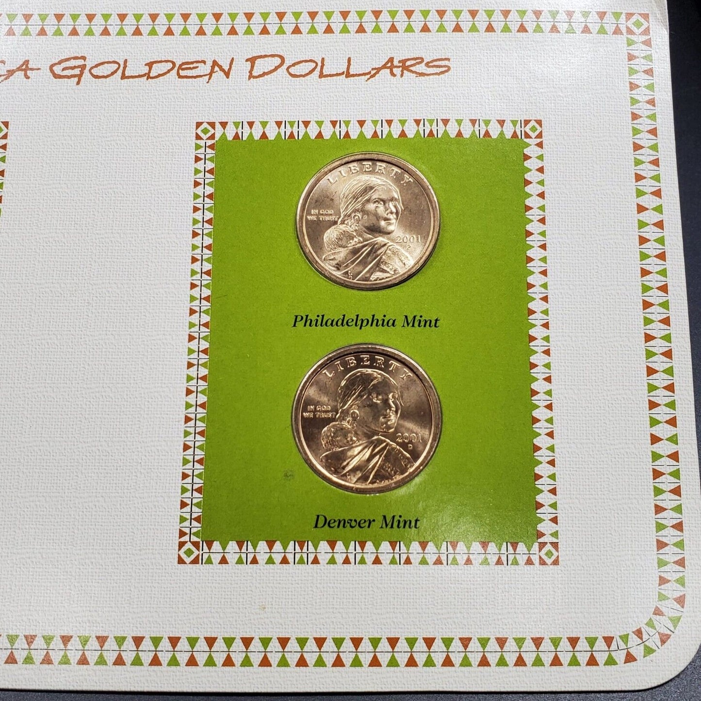 2001 P & D Sacagawea Golden Dollars & 1954 USA 3C Stamp Uncirculated Sheet