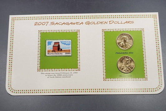 2007 P & D Sacagawea Golden Dollars & 1989 USA 25C Stamp Uncirculated Sheet