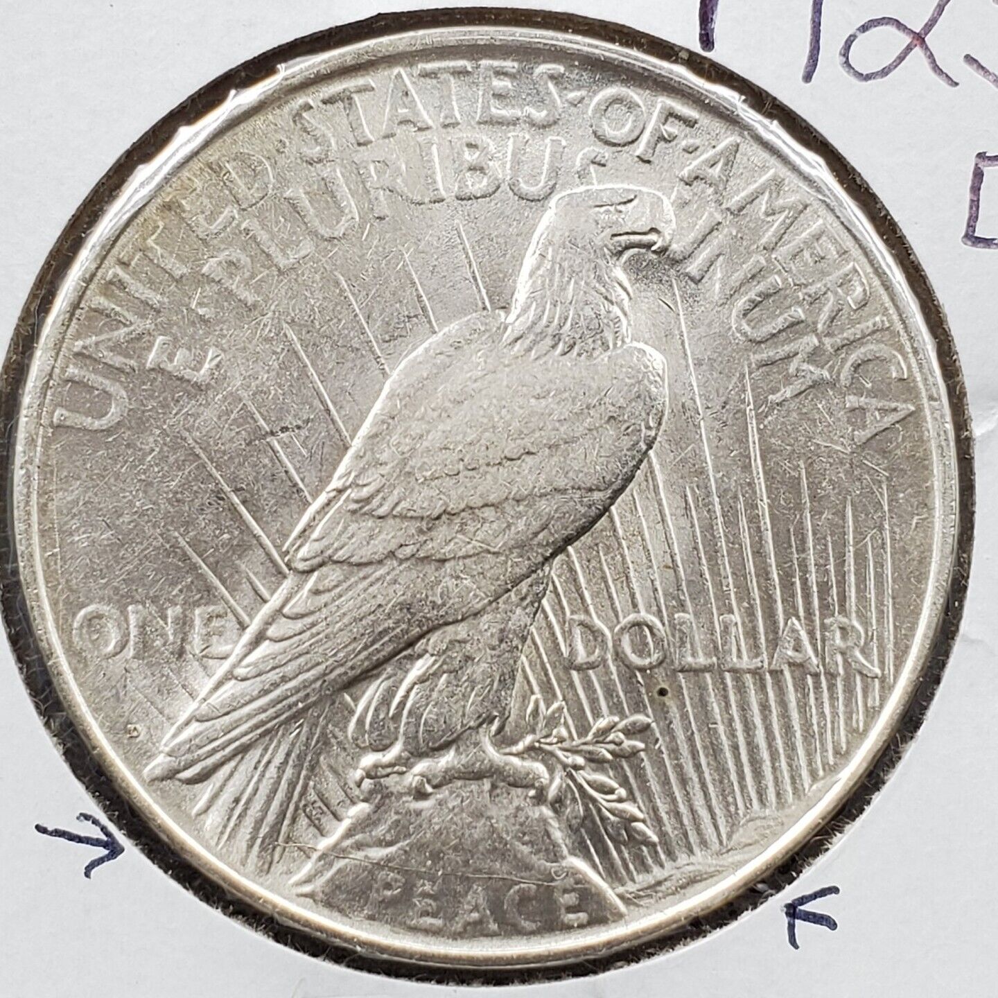 1923 D Peace $1 Dollar Coin Die Crack REV top of E of Peace VAM-1AU R-6 VAM AU