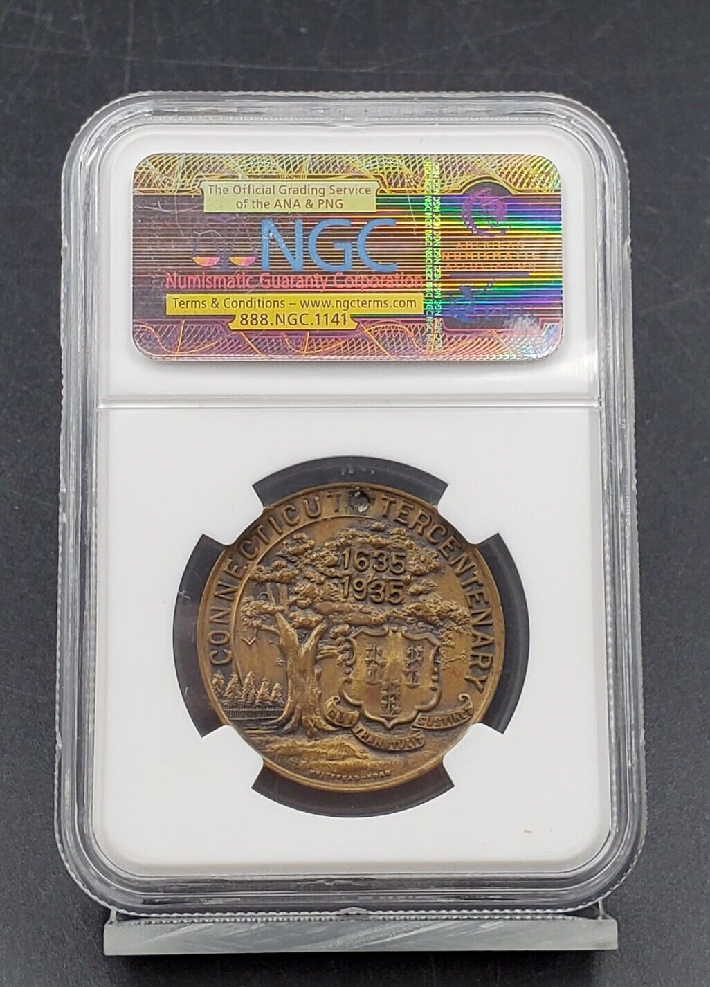 1935 CT Brass WINCHESTER 32mm NGC Medal AU58 Connecticut Tercent