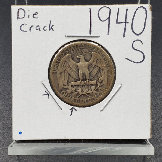 1940 S Washington Silver Quarter Coin Die Crack Variety Reverse