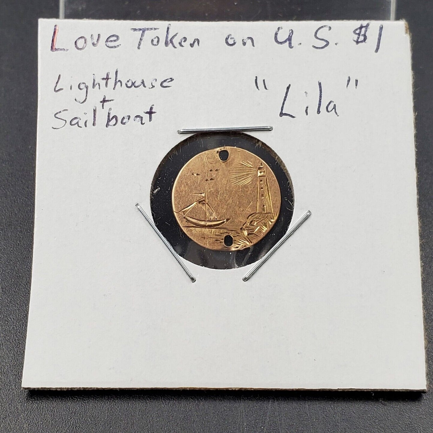 Monogram Love token on US $1 Gold Coin Pendant Holed Lighthouse design