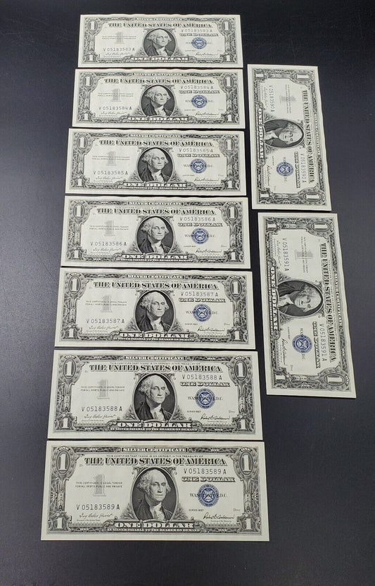 Set Lot 9 Consecutive Serial Number # Blue Notes 1957 Silver Certificate AU CIRC