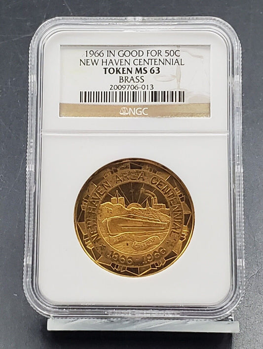 1966 IN Good for 50c New Haven Centennial NGC Token MS63 Brass