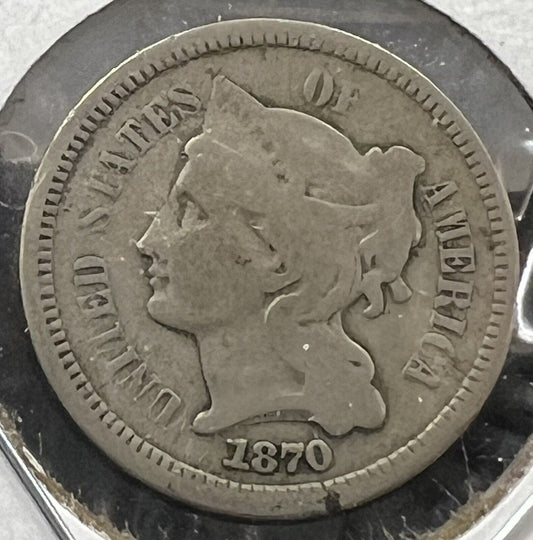 1870 3c Liberty Three Cent Nickel Coin Choice VG Very Good Circ