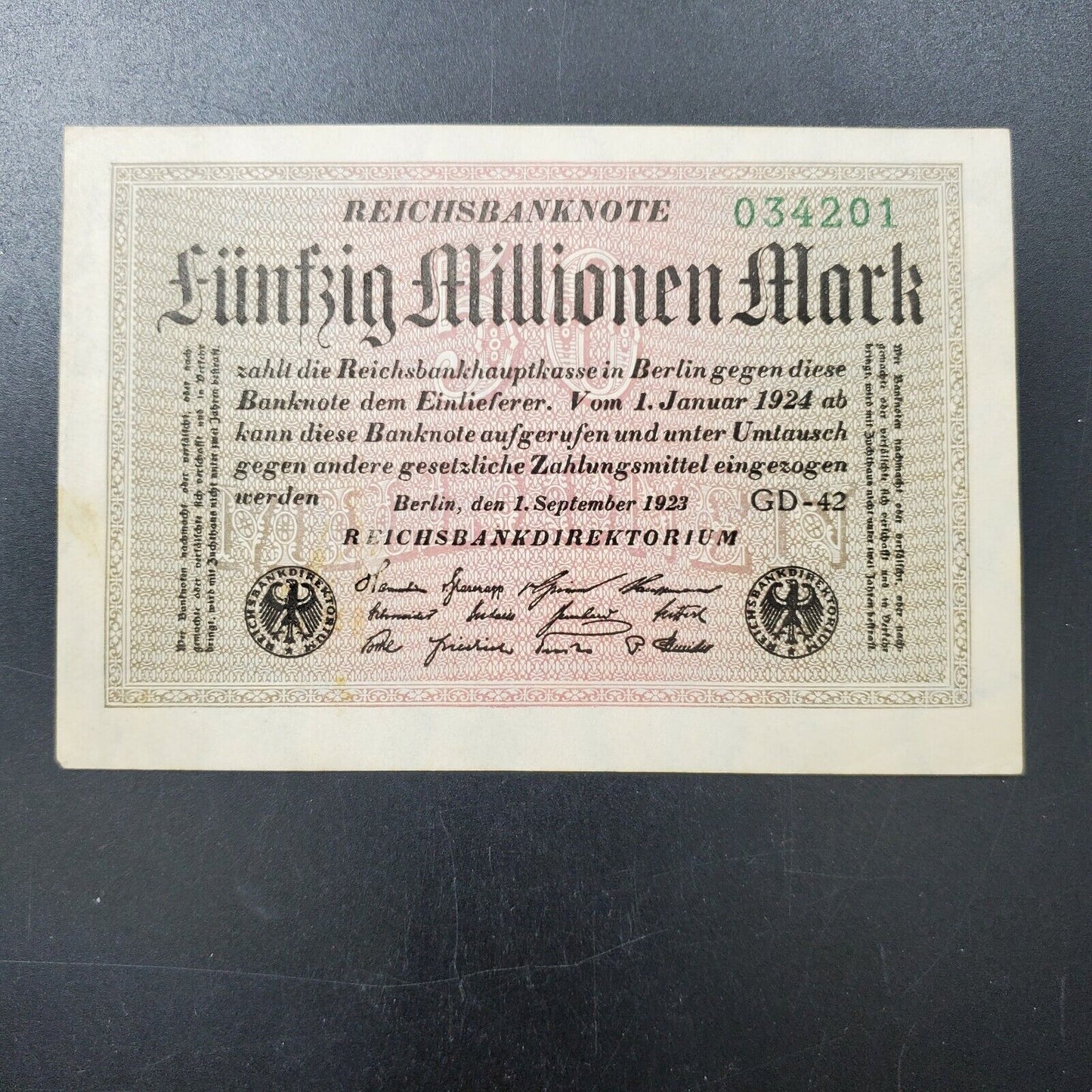 1924 Germany Hyperinflation Currency REICHSBANKNOTE 50 Million Funfig Mark Note