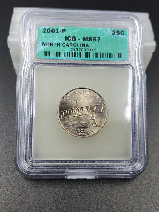2001 P North Carolina State Quarter Coin ICG MS67 Gem BU Uncirculated