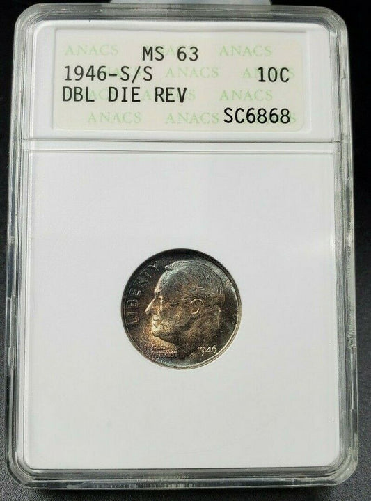 1946 S/S S Roosevelt Dime Coin Variety ANACS MS63 FS-502 DDR PQ Toning