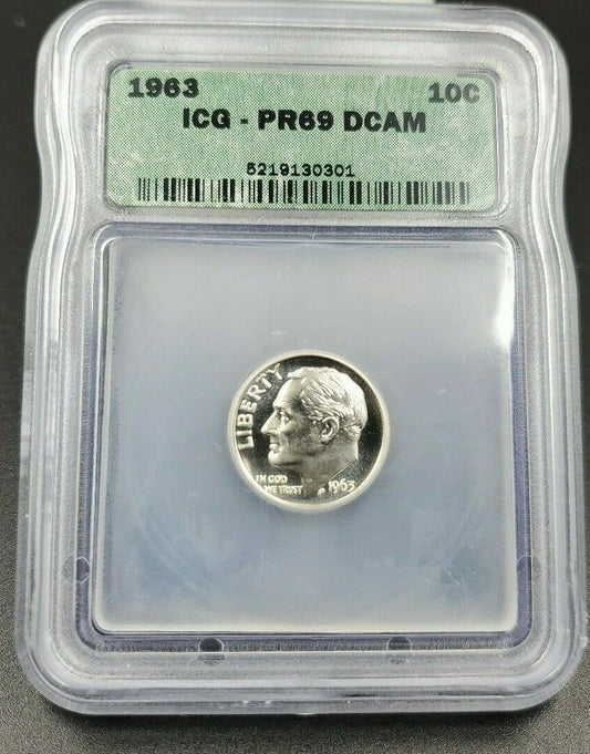 1963 P Roosevelt Silver Dime Coin Vintage ICG PR69 DCAM Deep Cameo Proof Gem