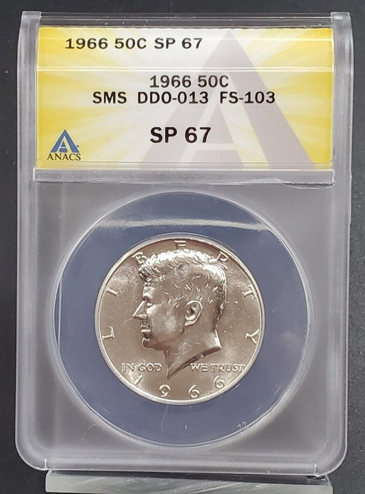1966 P SMS Kennedy Silver Half Dollar Coin ANACS SP67 Variety DDO-013 FS-103