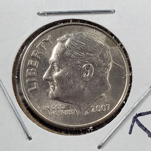 2007 P Roosevelt Dime Coin Die Chip cud obverse XF / AU