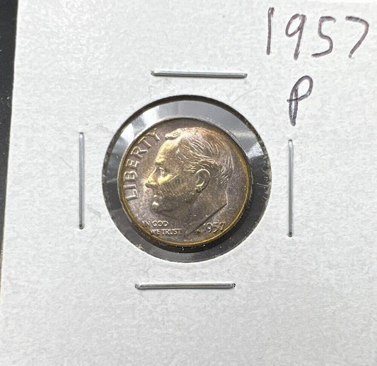 1957 P Roosevelt Silver Dime Coin Toning Toner Rose Purple * Choice BU UNC NICE