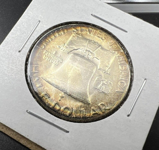 1954 P Franklin Silver Half Dollar Coin BU UNC PQ Rainbow Toning Toner Reverse
