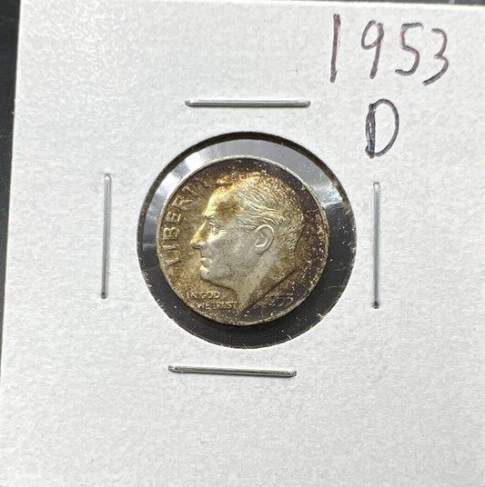 1953 D 10c Roosevelt Silver Dime Coin BU UNC Neat Toning Toner Amber