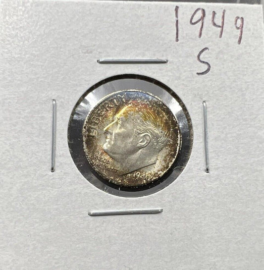 1949 S Roosevelt Dime Coin Choice BU UNC PQ * Toning Toner Green Red Amber -Key!